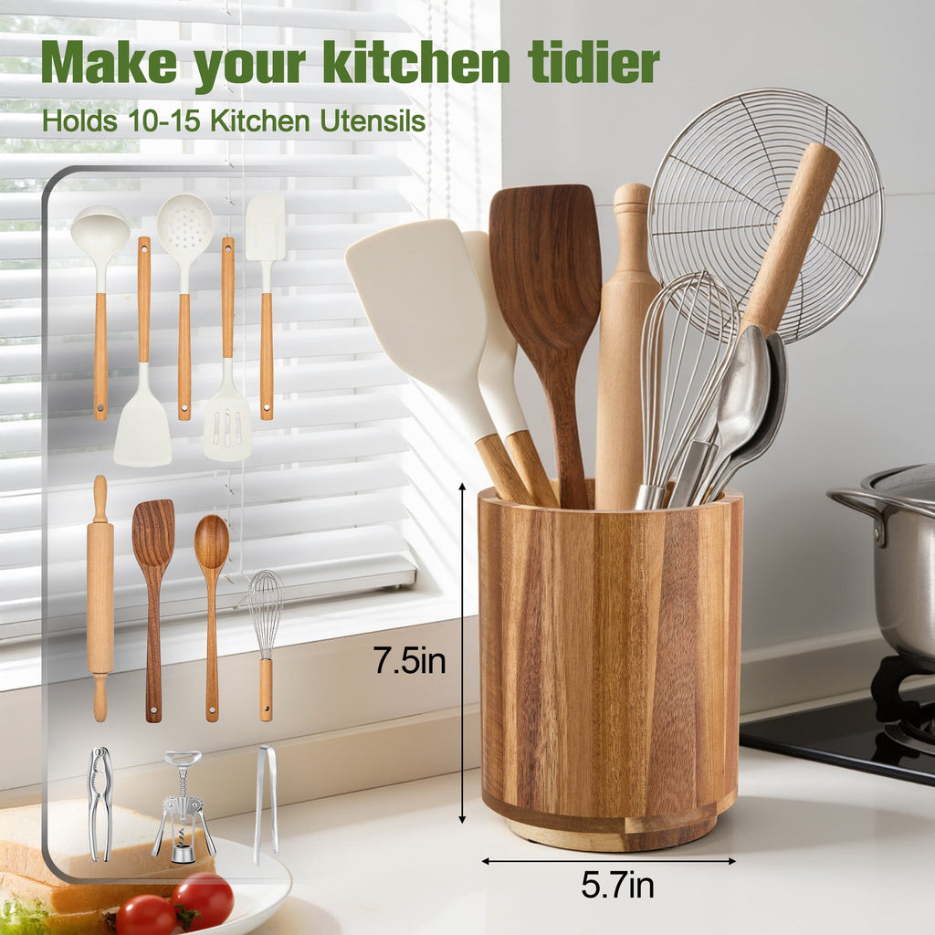 YTAKY Utensil Holder, 360° Rotating Bamboo Crock 7.3 x 5.9 Inch, Holds 10-15 Kitchen Tools, Farmhouse Counter Decor