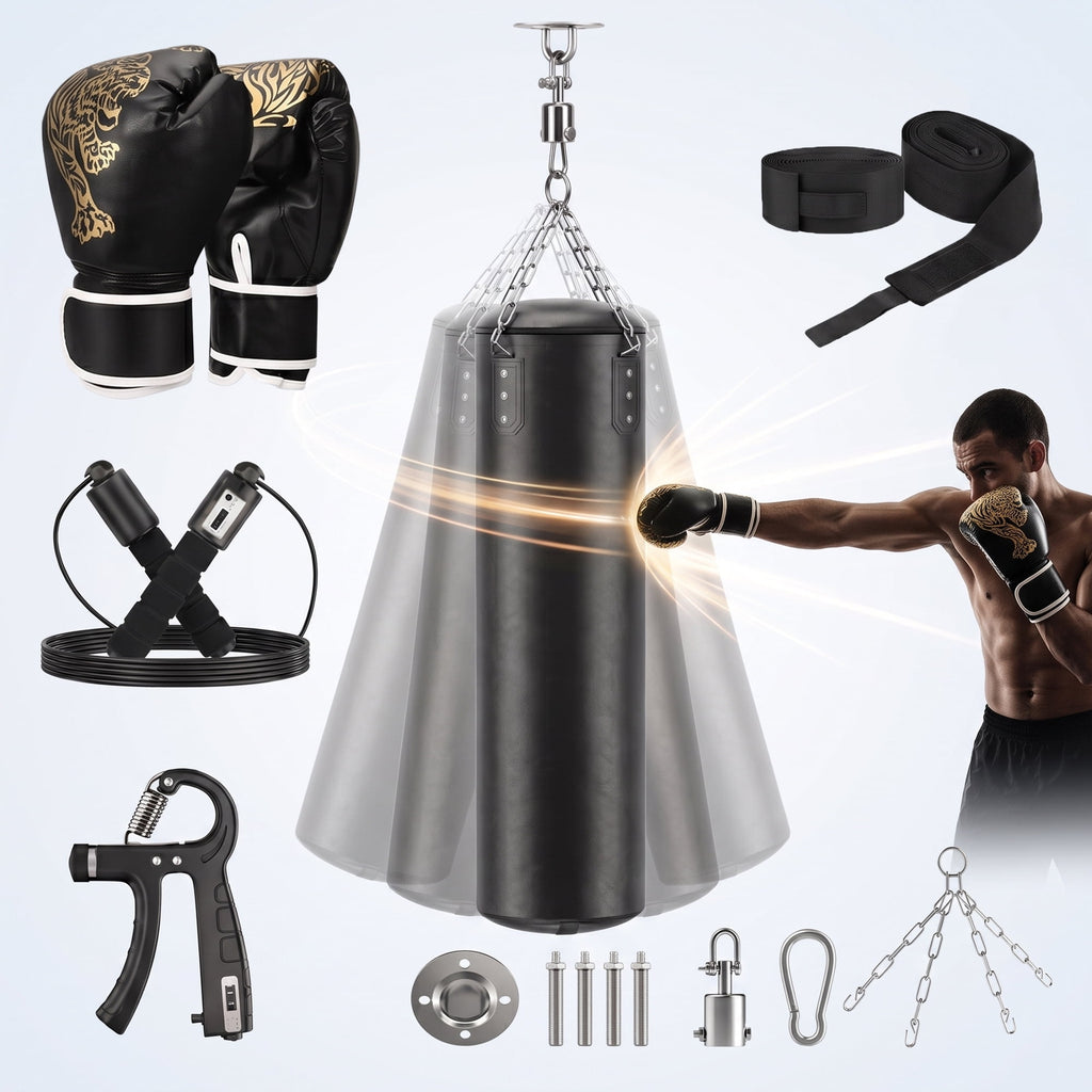 EZBY Punching Bag (Unfilled) for Adults, 4FT PU Leather Boxing Bag Set with Hanging Chain and Hardware Hooks for MMA, Kickboxing and Home Gym