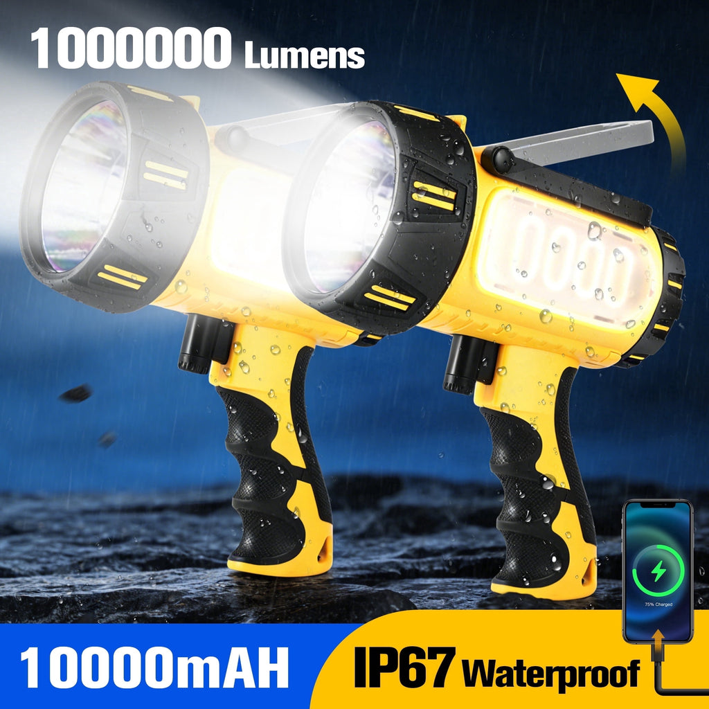 YTAKY Flashlight 1000000 Lumen, Spotlight Rechargeable, 10000mAh Battery, IP67 Waterproof for Outdoor Camping, with Foldable Stand, 2 Pack