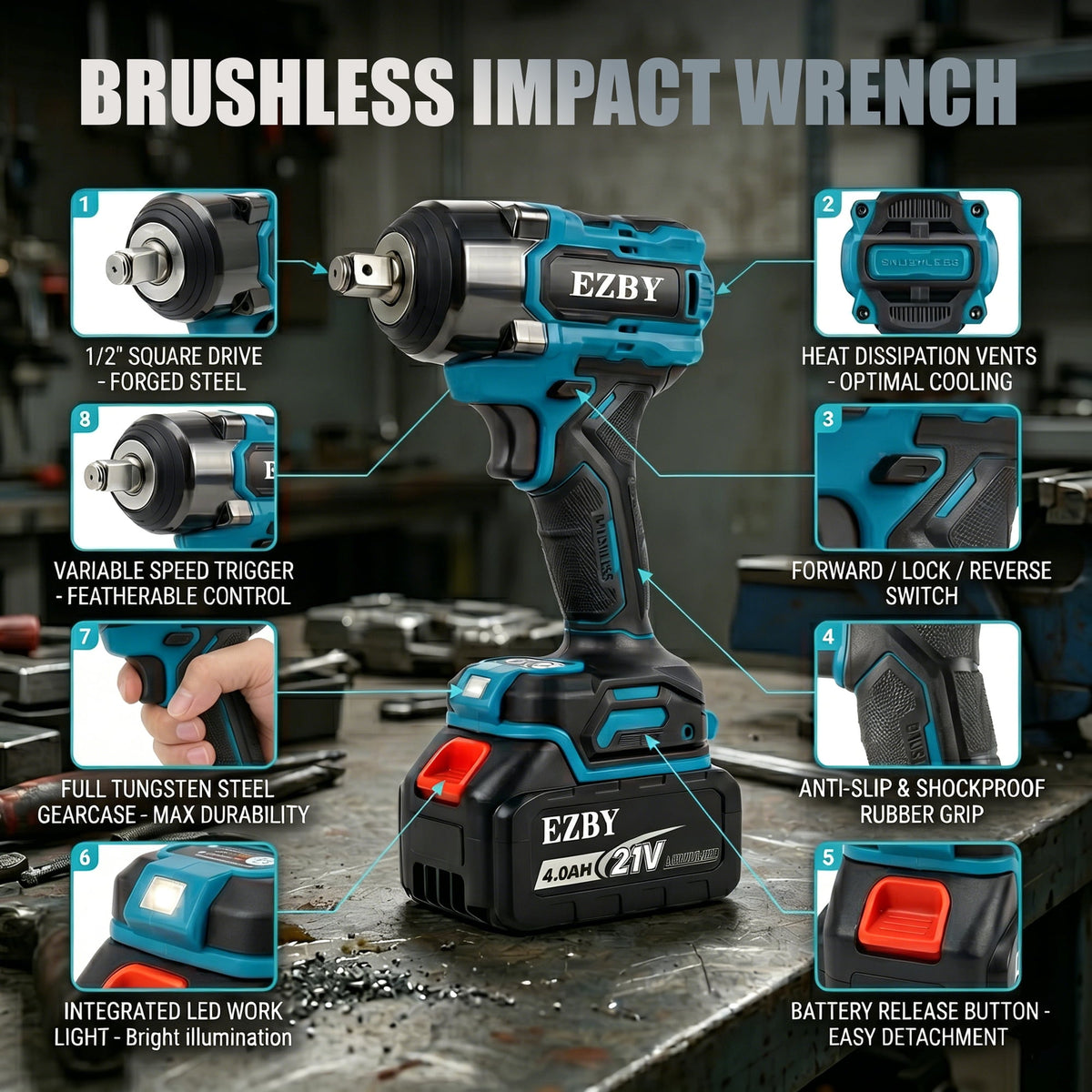EZBY Cordless Impact Wrench Kit, 664 FT-lbs(900N.m) Max Torque, 1/2" Heavy-Duty Brushless Motor, 21V Electric Impact Gun & Driver Tool Set with 2x 4.0Ah Batteries for Car Home Repair